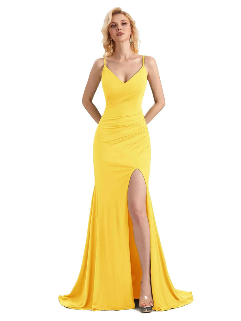 Sexy Mermaid Side Slit Stretchy Jersey Long Formal Prom Dresses 2023