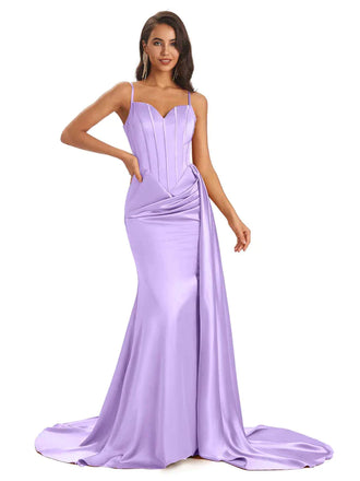 Mismatched Lilac Sexy Side Slit Mermaid Soft Satin Long Bridesmaid Dresses UK