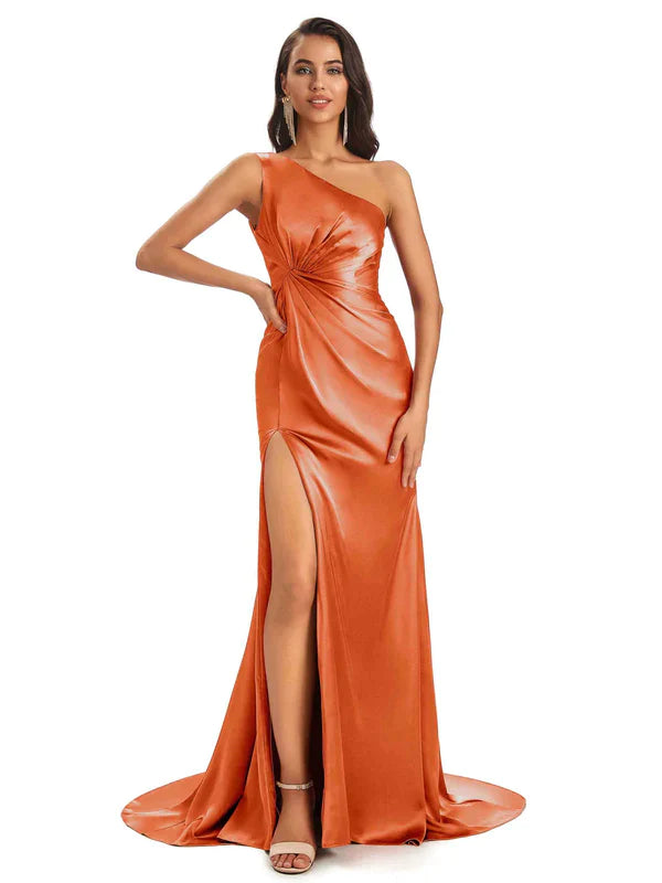 Mismatched Papaya Sexy Side Slit Mermaid Soft Satin Long Bridesmaid Dresses UK