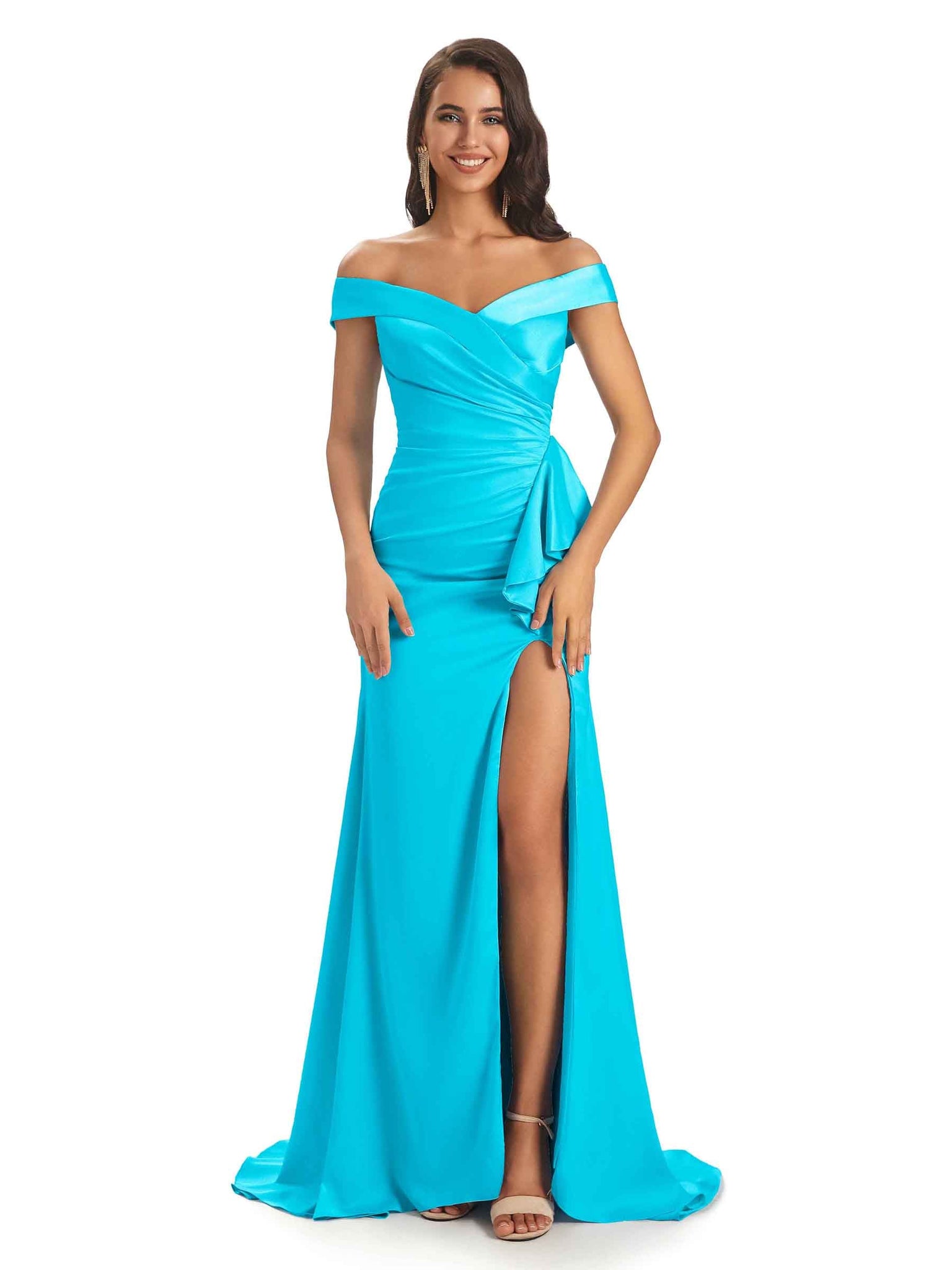 Sexy Side Slit Soft Satin Off The Shoulder Modern Long Bridesmaid Dresses Online UK
