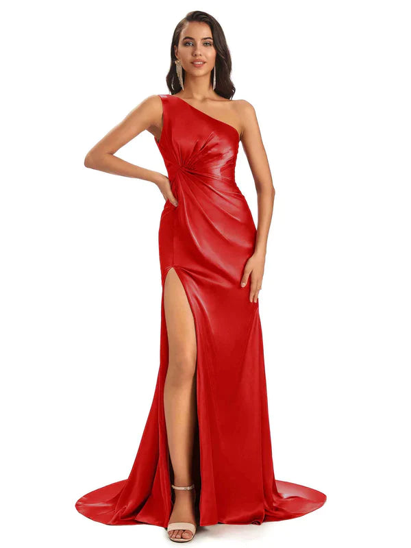 Mismatched Red Sexy Side Slit Mermaid Soft Satin Long Bridesmaid Dresses Online