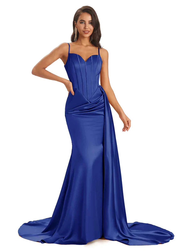Mismatched Royal Blue Sexy Side Slit Mermaid Soft Satin Long Bridesmaid Dresses UK