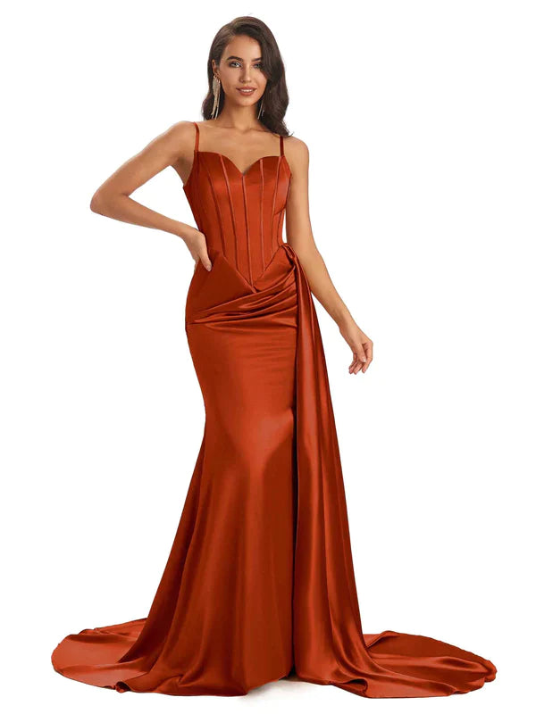 Mismatched Rust Sexy Side Slit Mermaid Soft Satin Long Bridesmaid Dresses Online