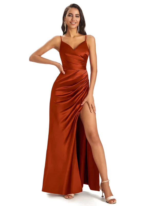 Mismatched Rust Sexy Side Slit Mermaid Soft Satin Long Bridesmaid Dresses Online