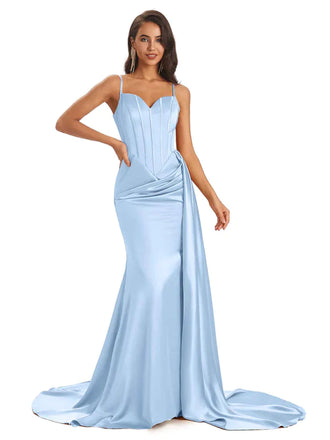Mismatched Sky-Blue Sexy Side Slit Mermaid Soft Satin Long Bridesmaid Dresses UK