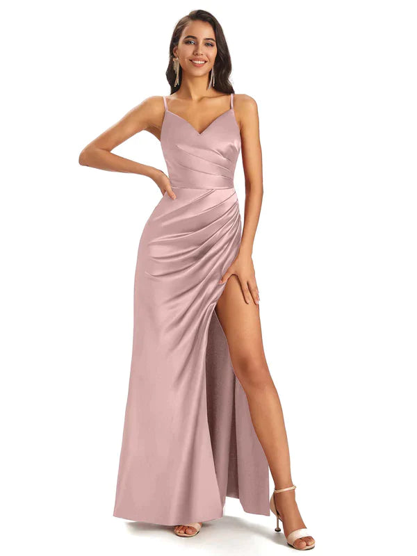 Mismatched Vintage Mauve Sexy Side Slit Mermaid Soft Satin Long Bridesmaid Dresses UK