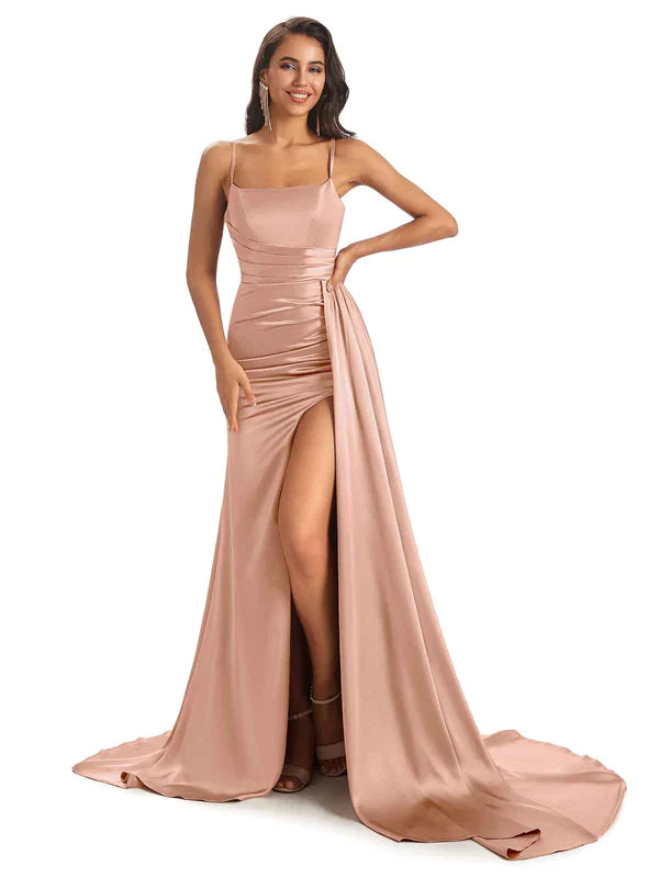 Mix and Match Rose-Gold Sexy Side Slit Mermaid Soft Satin Long Bridesmaid Dresses Online