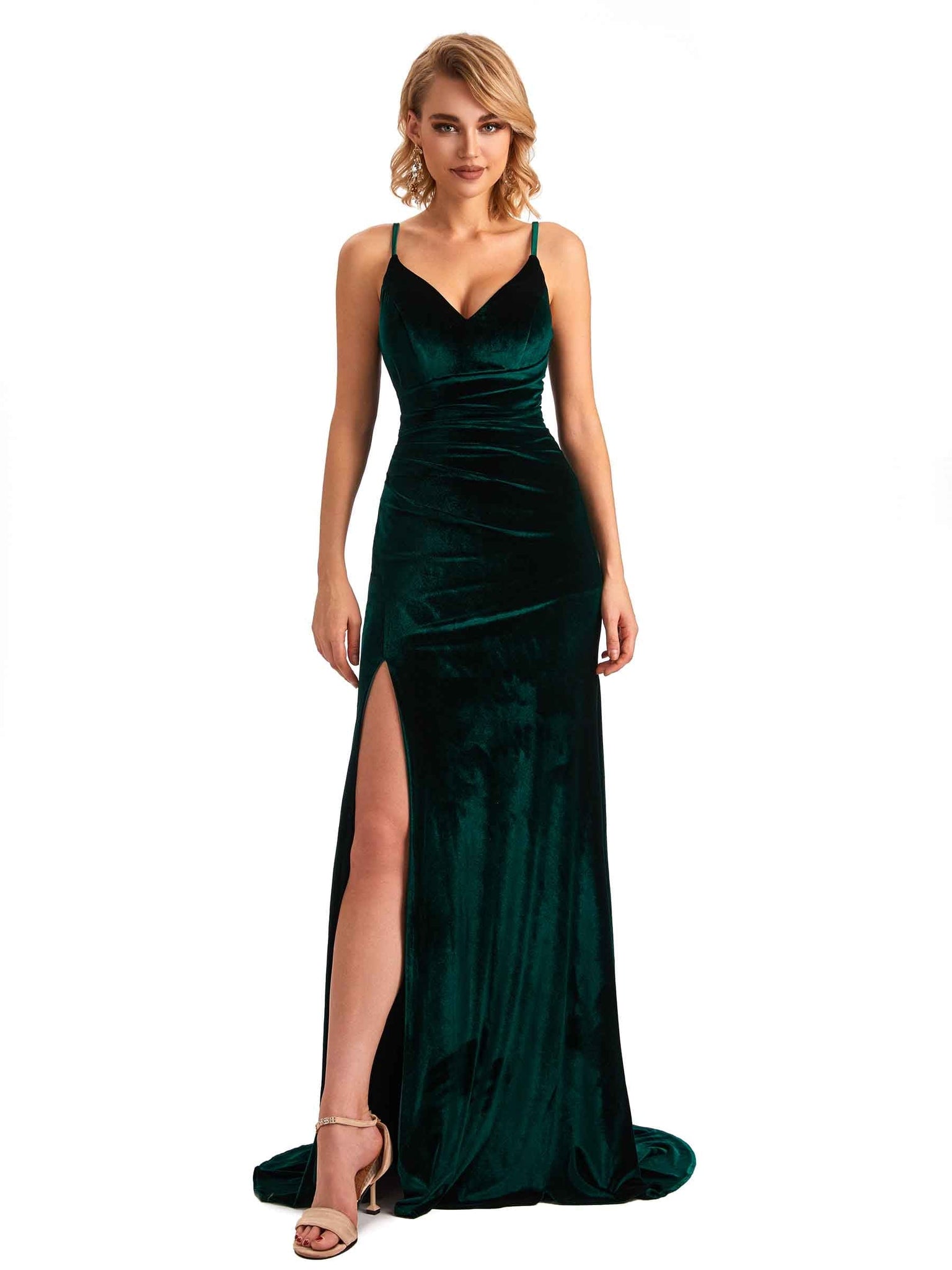 Sexy Side Slit Mermaid Spaghetti Straps V-neck Velvet Long Bridesmaid Dresses UK