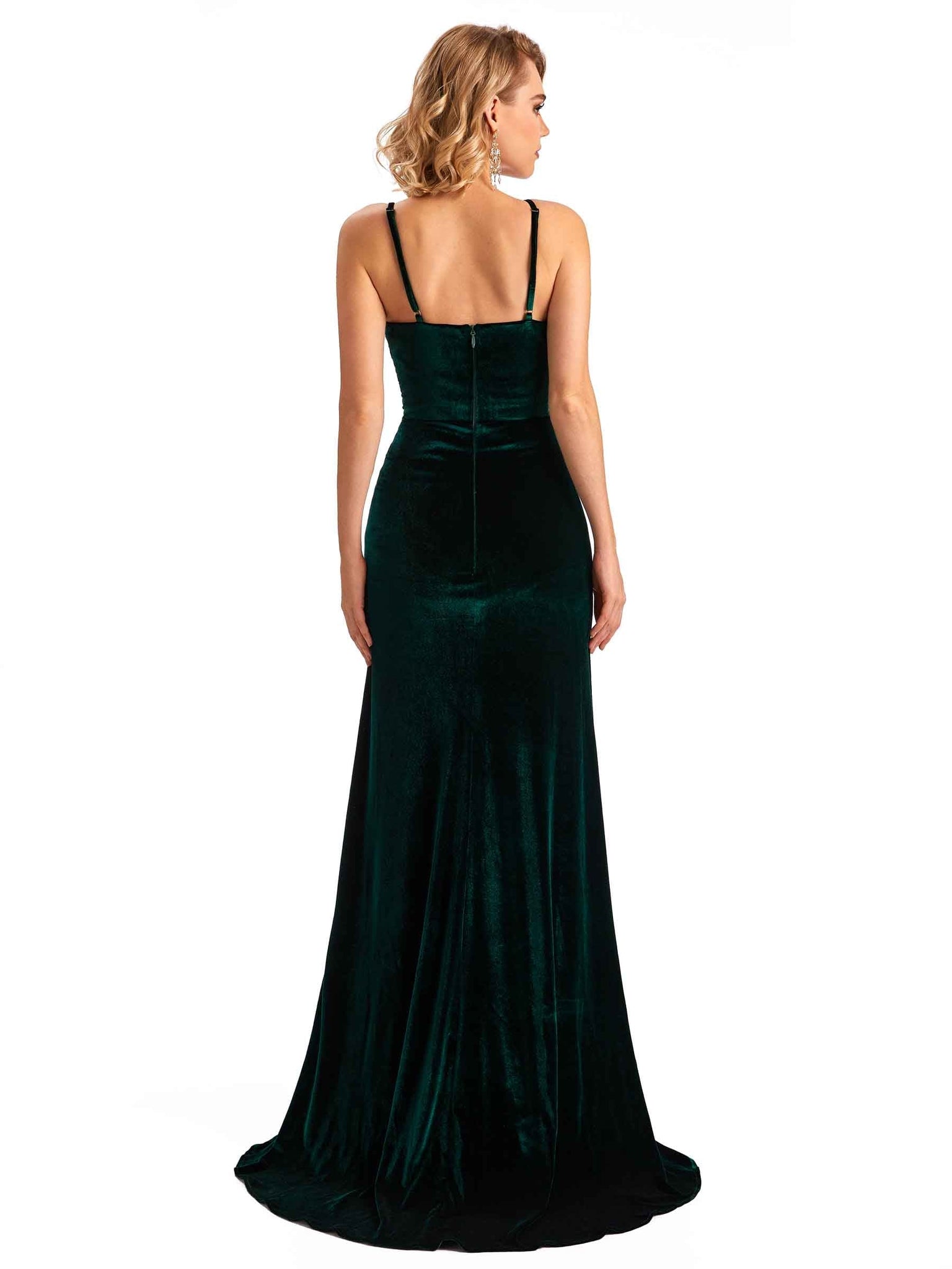 Sexy Side Slit Mermaid Spaghetti Straps V-neck Velvet Long Bridesmaid Dresses UK