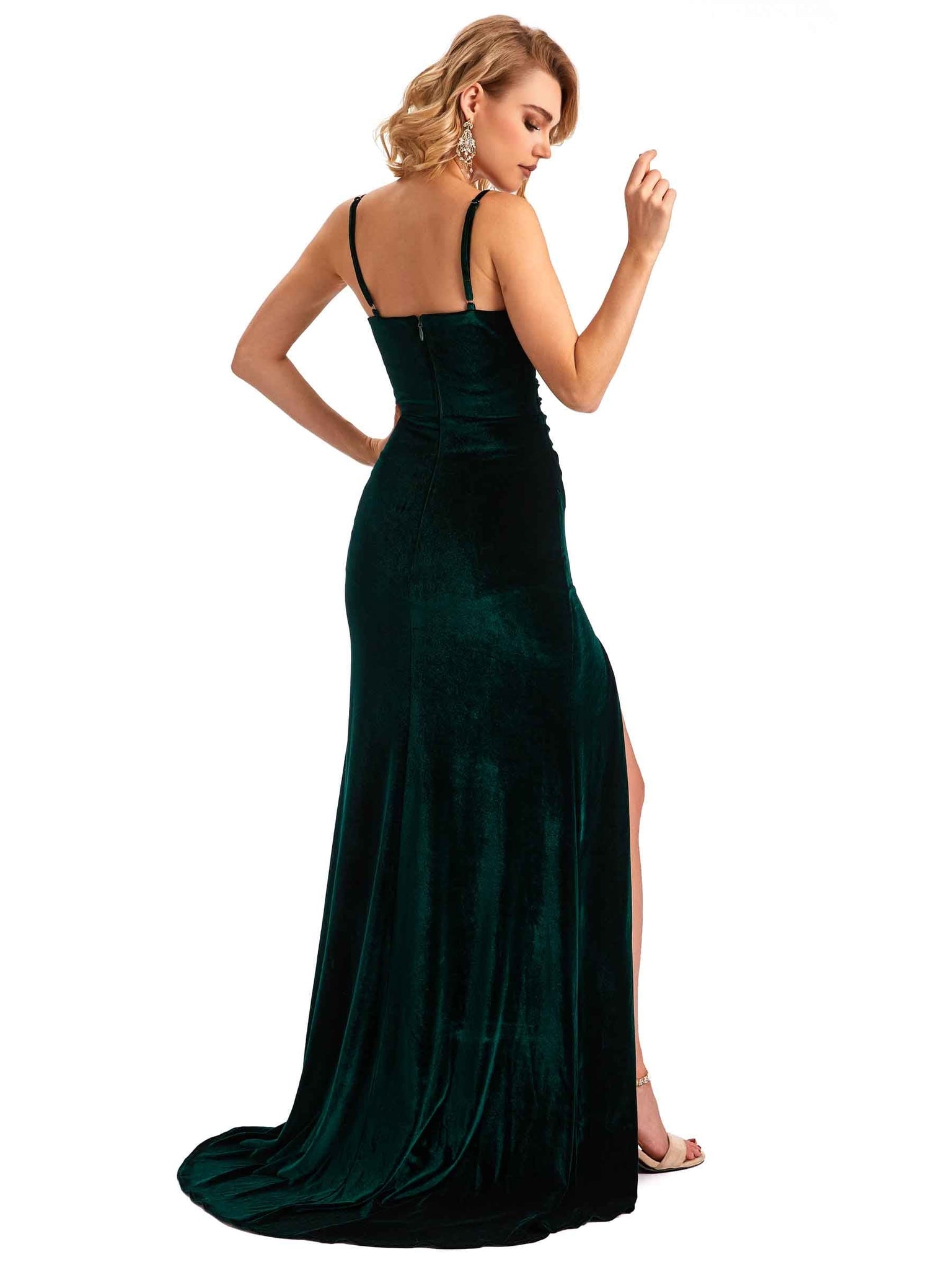 Sexy Side Slit Mermaid Spaghetti Straps V-neck Velvet Long Bridesmaid Dresses UK
