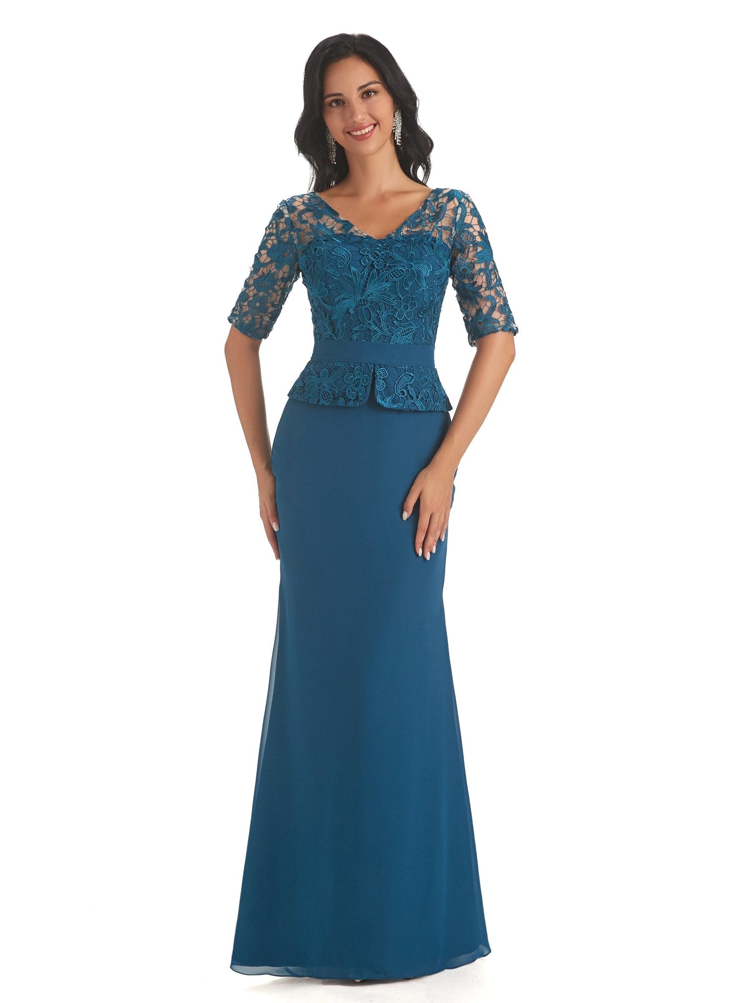 Elegant V-neck Long Sleeves Mermaid Lace Chiffon Mother of The Bride Dresses