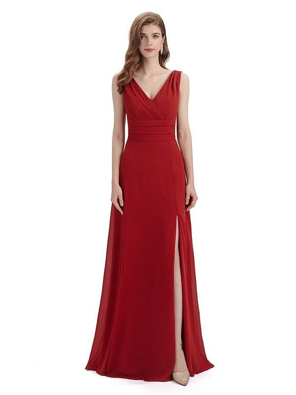 A-line Sleeveless V-Neck Side Slit Floor-Length Bridesmaid Dresses