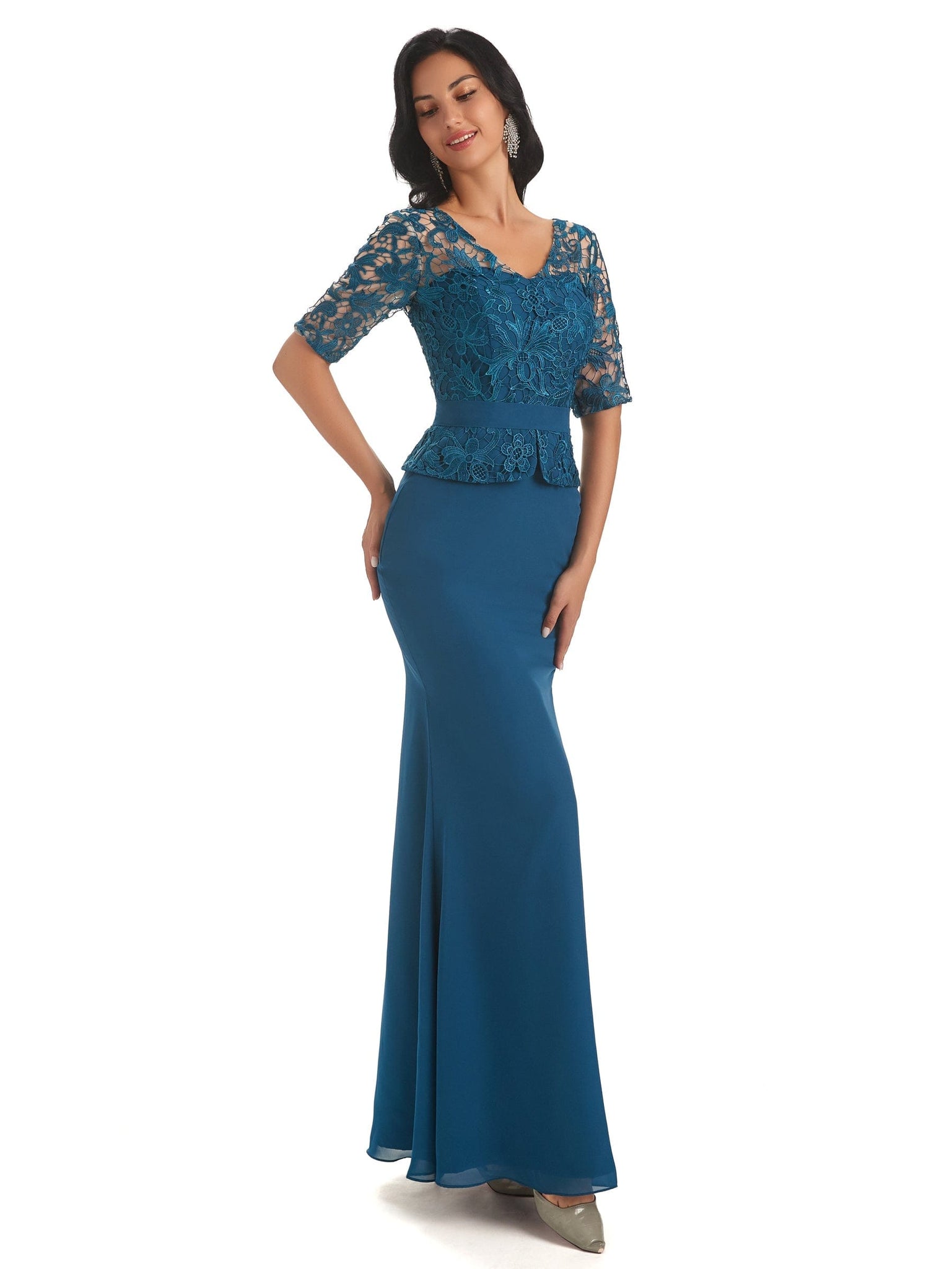 Elegant V-neck Long Sleeves Mermaid Lace Chiffon Mother of The Bride Dresses