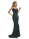 Sexy Charming Dark Green Sequin Mermaid Spaghetti Straps V-neck Floor-length Long Prom Dresses