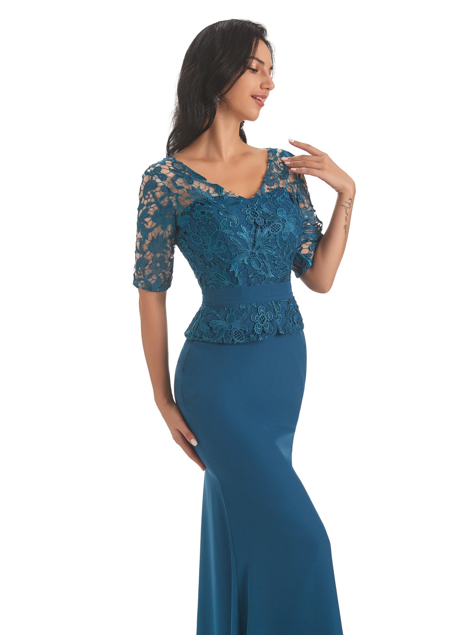 Elegant V-neck Long Sleeves Mermaid Lace Chiffon Mother of The Bride Dresses