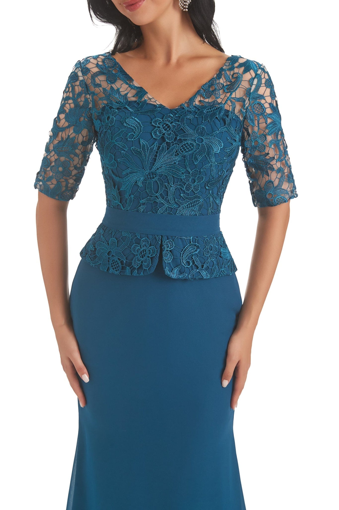 Elegant V-neck Long Sleeves Mermaid Lace Chiffon Mother of The Bride Dresses