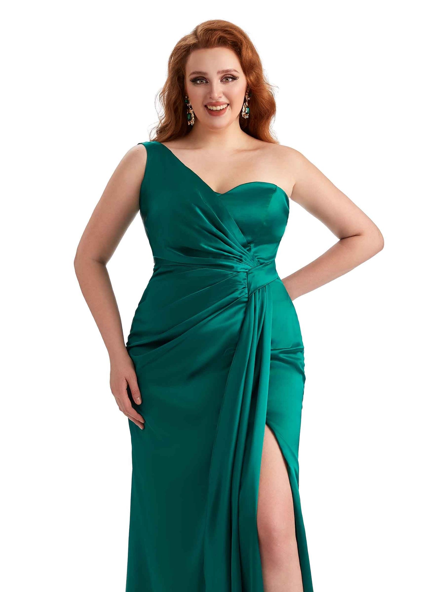 Sexy One Shoulder Side Slit Mermaid Satin Long Plus Size Bridesmaid Dress For Wedding