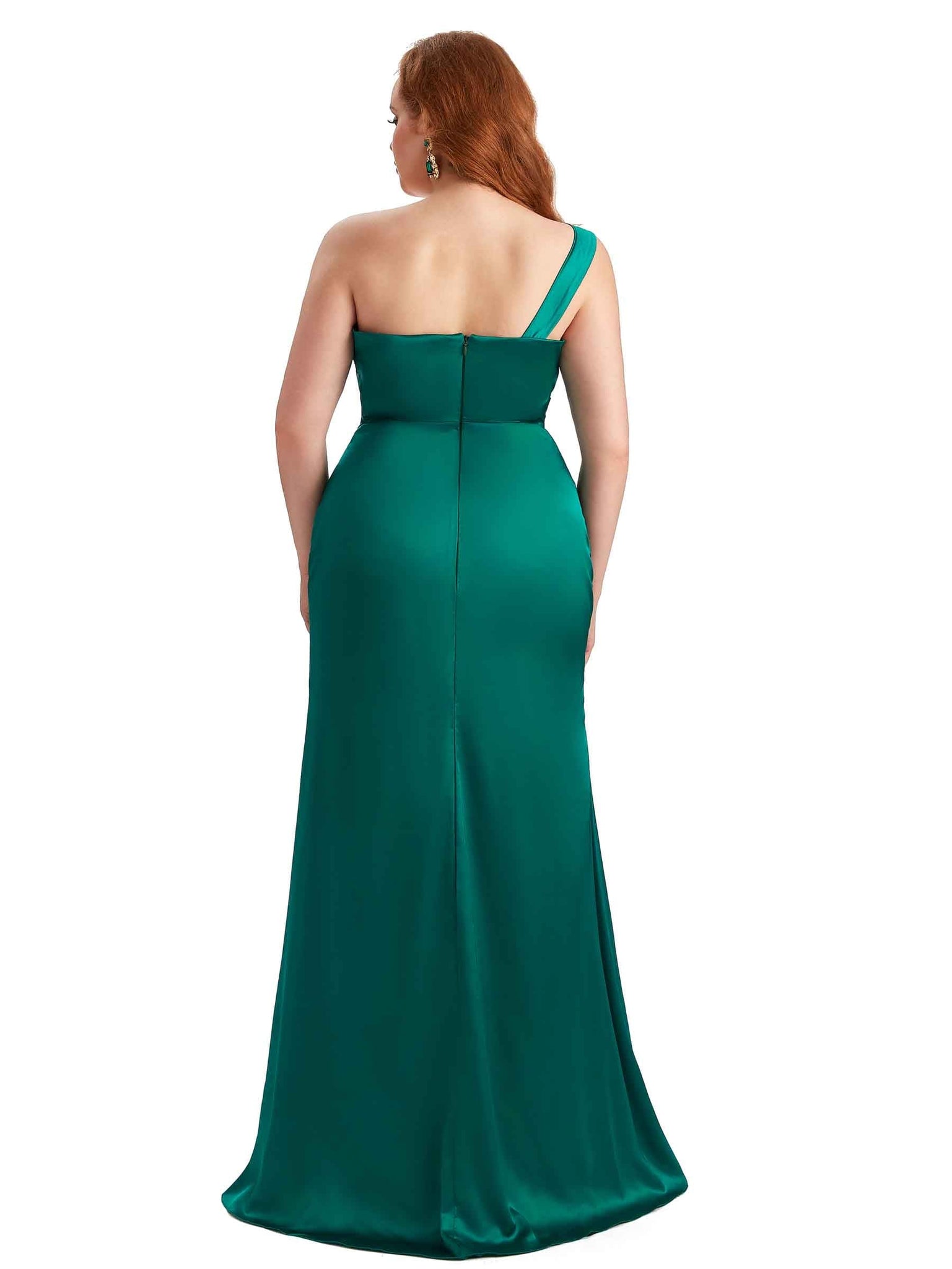 Sexy One Shoulder Side Slit Mermaid Satin Long Plus Size Bridesmaid Dress For Wedding