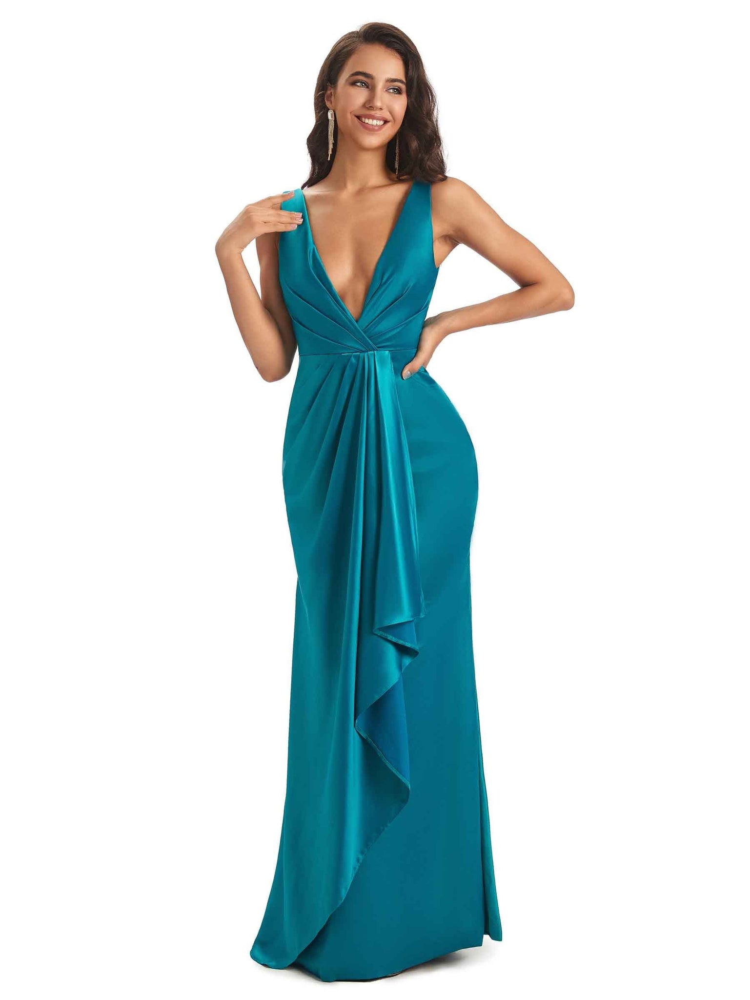 Sexy Soft Satin Side Slit V-neck Floor-Length Long Prom Dresses Online
