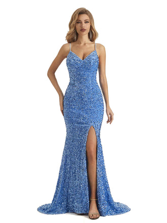 Sexy Mermaid Spaghetti Straps Side Slit Floor-length Long Party Prom Dresses