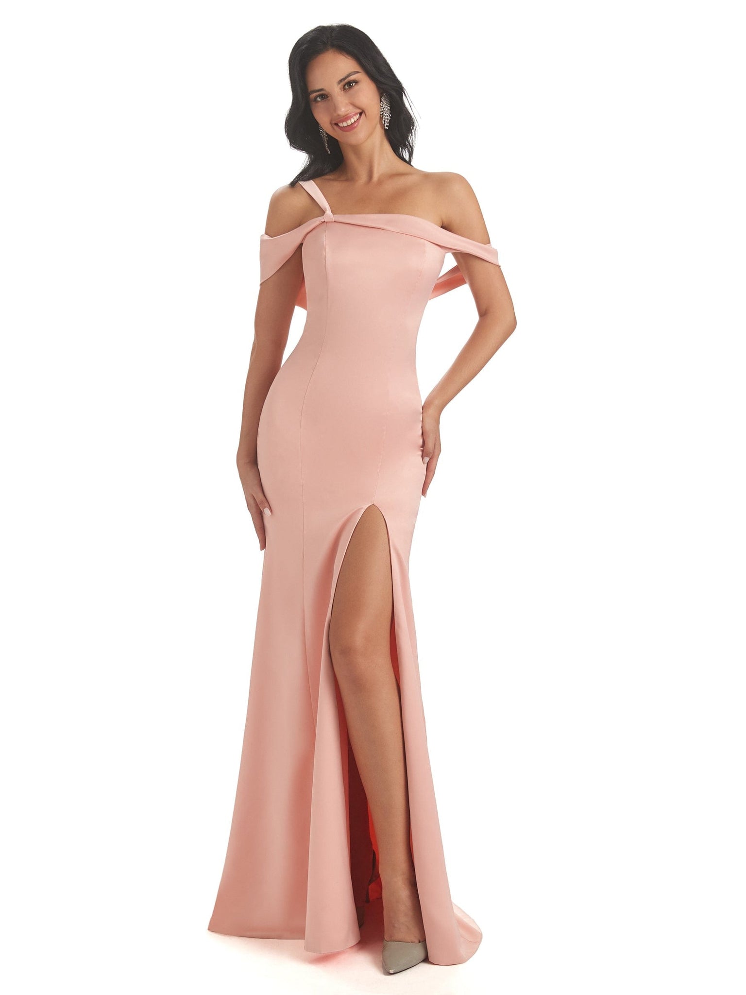 Off Shoulder Soft Satin Side Slit Mermaid Floor-Length Prom Dresses