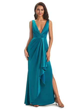 Sexy Soft Satin Side Slit V-neck Floor-Length Long Prom Dresses Online