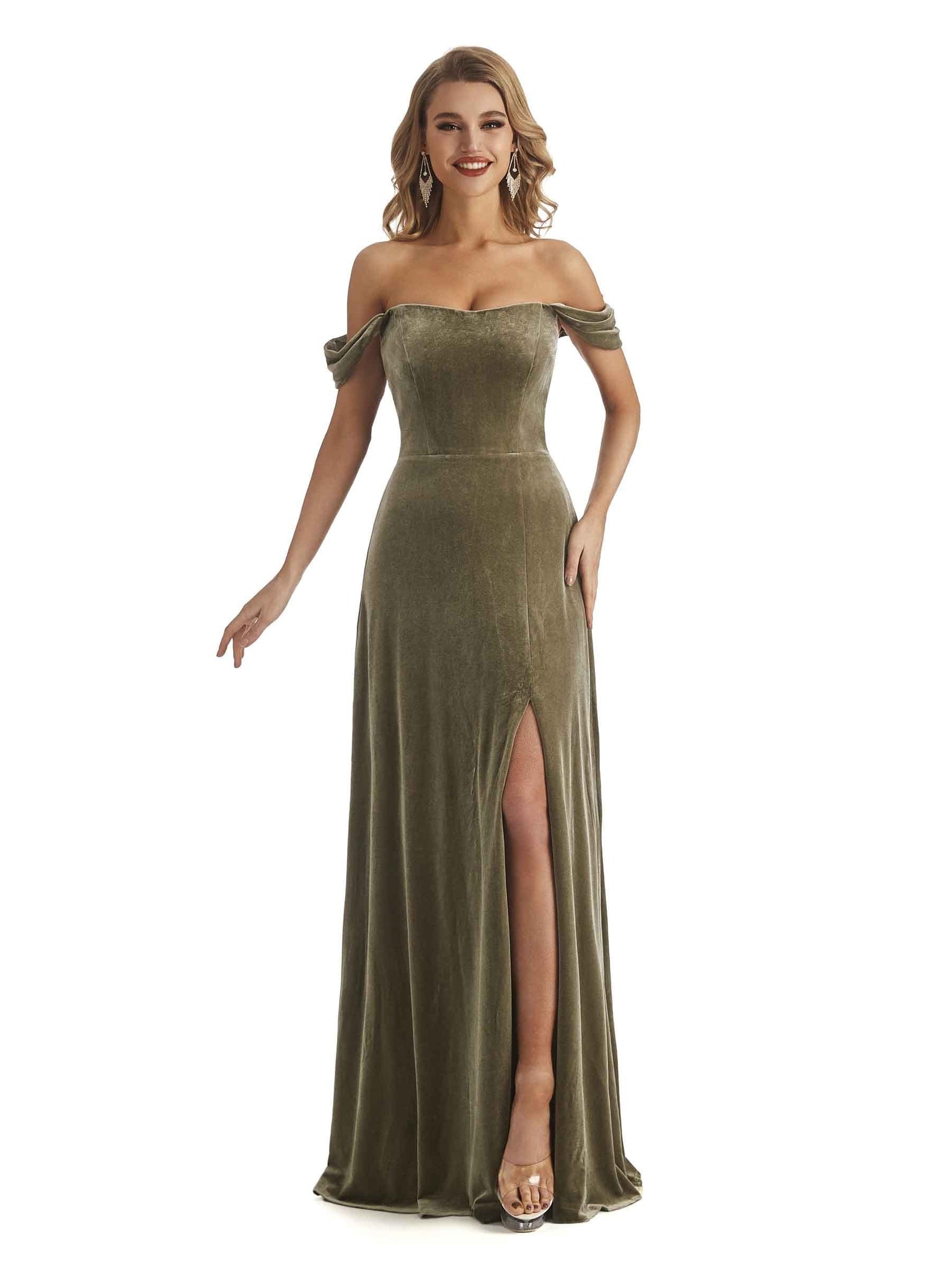 Elegant Mermaid Off the Shoulder Women Velvet Side Slit Long Formal Dresses UK