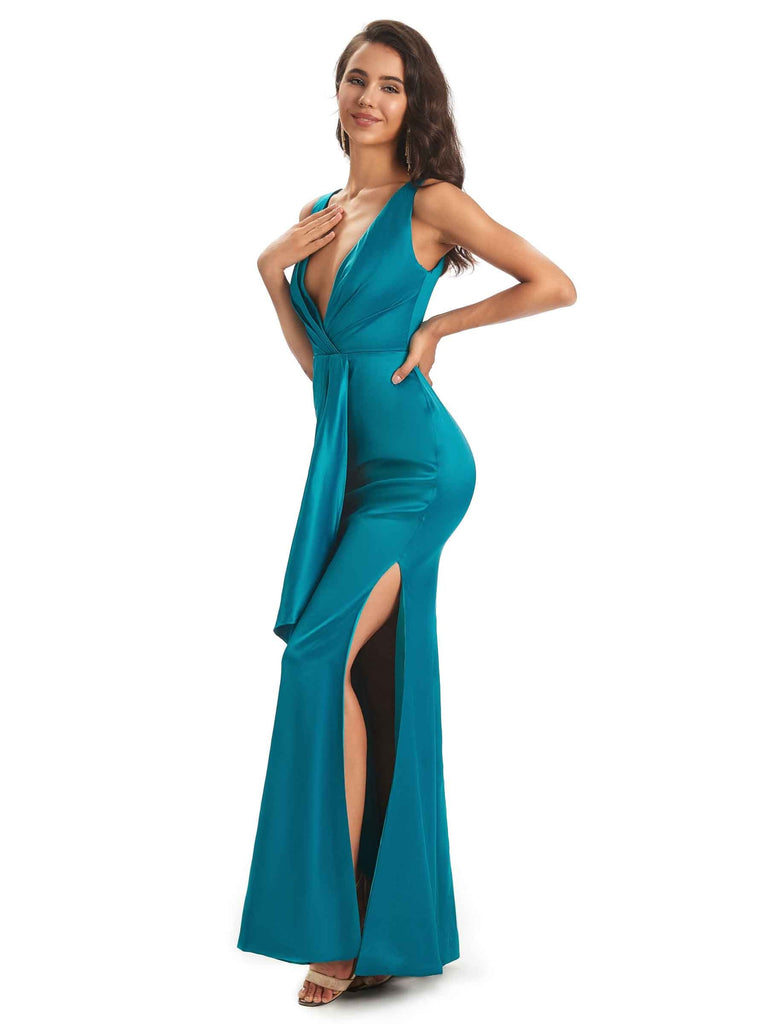 Sexy Soft Satin Side Slit V-neck Floor-Length Long Prom Dresses Online