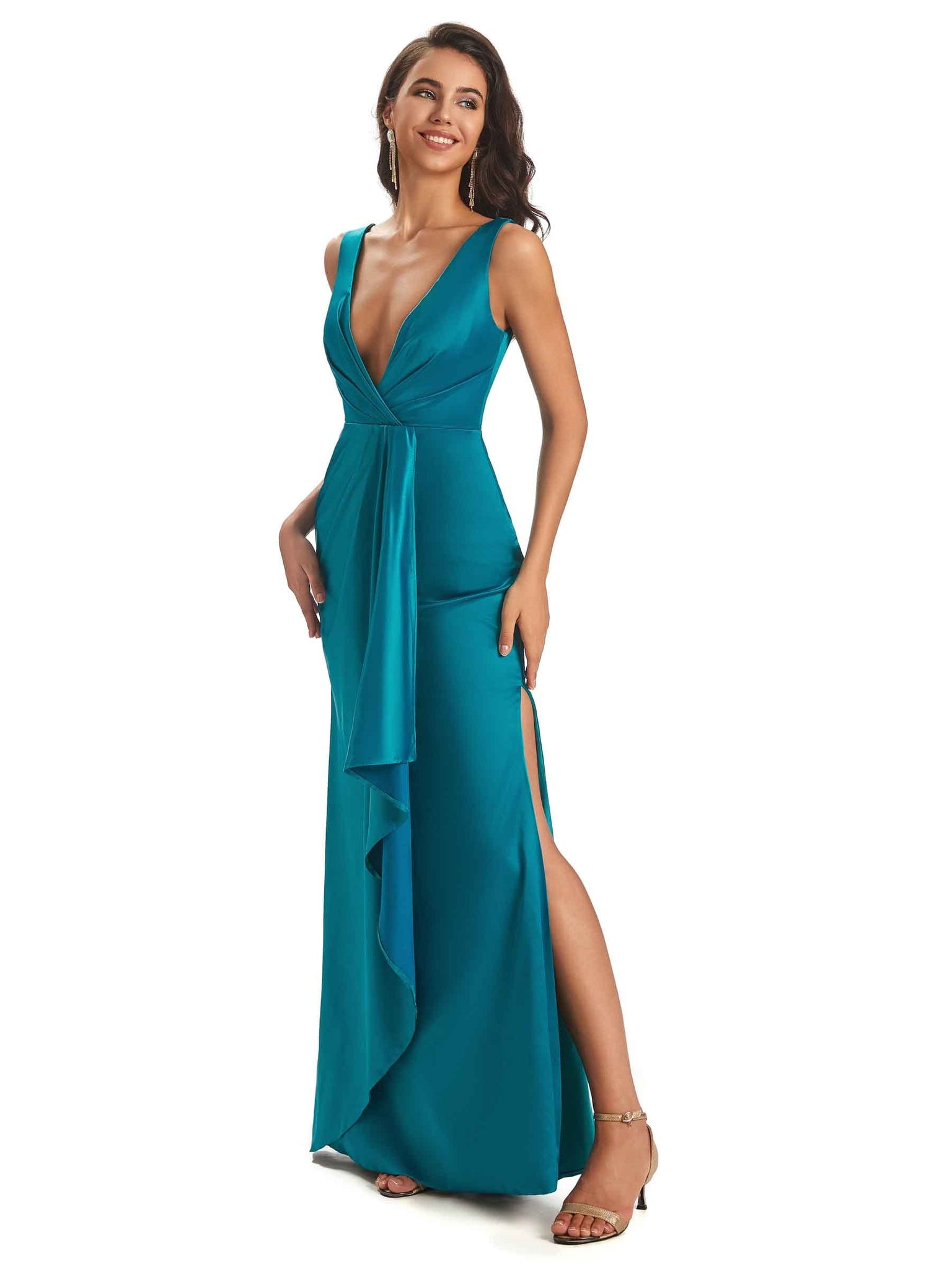 Sexy Soft Satin Side Slit V-neck Floor-Length Long Prom Dresses Online
