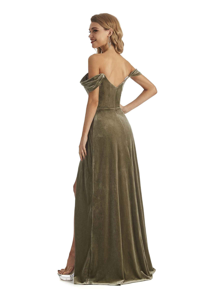 Elegant Mermaid Off the Shoulder Backless Velvet Side Slit Long Bridesmaid Dresses