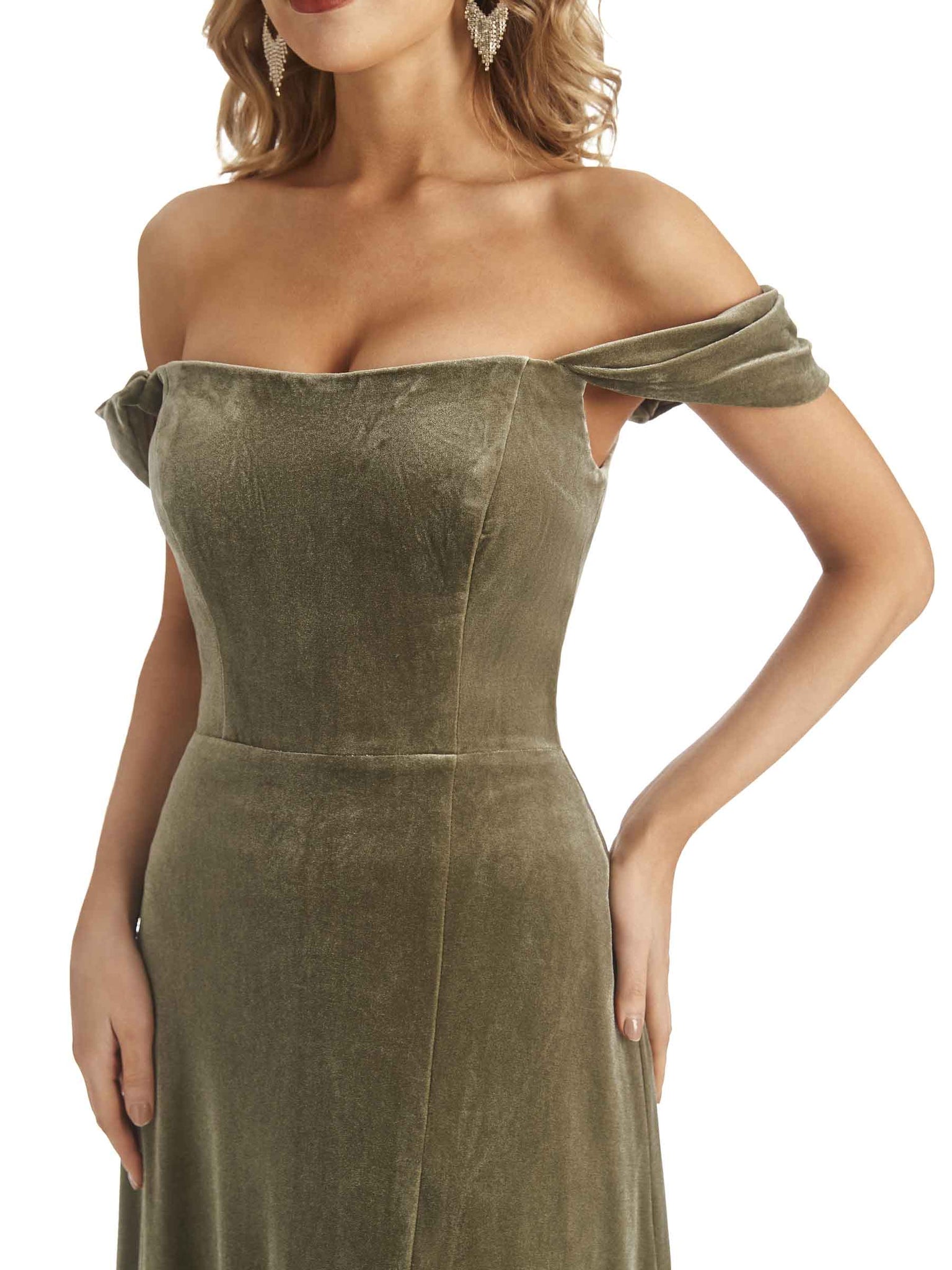 Elegant Mermaid Off the Shoulder Women Velvet Side Slit Long Formal Dresses UK