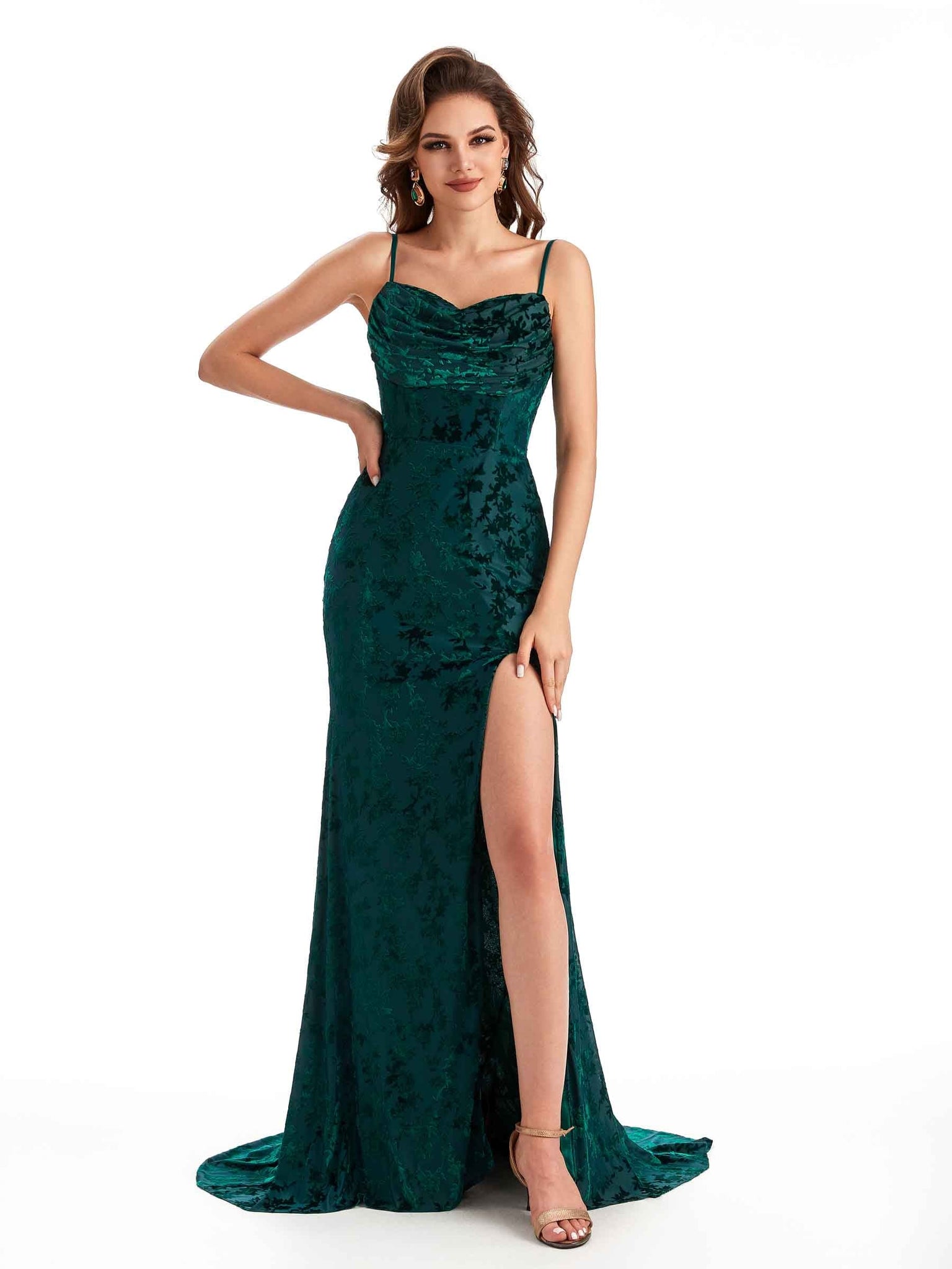 Sexy Spaghetti Straps Side Slit Mermaid Floral Velvet Long Bridesmaid Dresses UK Online