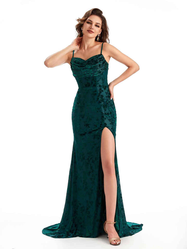 Sexy Spaghetti Straps Side Slit Mermaid Lace Velvet Long Bridesmaid Dresses Online