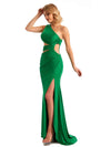 Elegant Mermaid One Shoulder Side Slit Stretchy Jersey Long Formal Bridesmaid Dresses UK