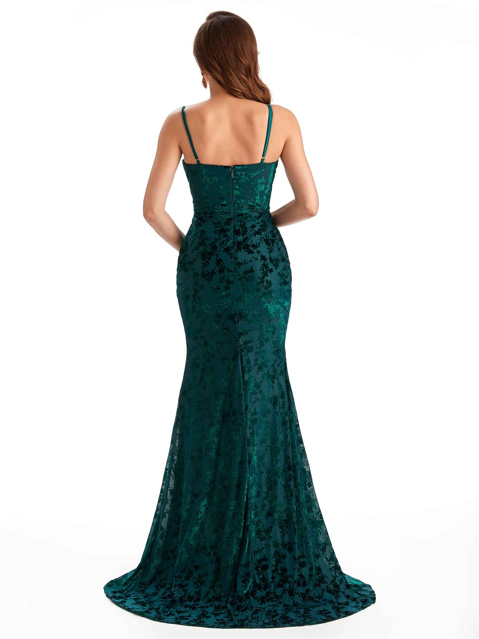 Sexy Spaghetti Straps Side Slit Mermaid Floral Velvet Long Bridesmaid Dresses UK Online