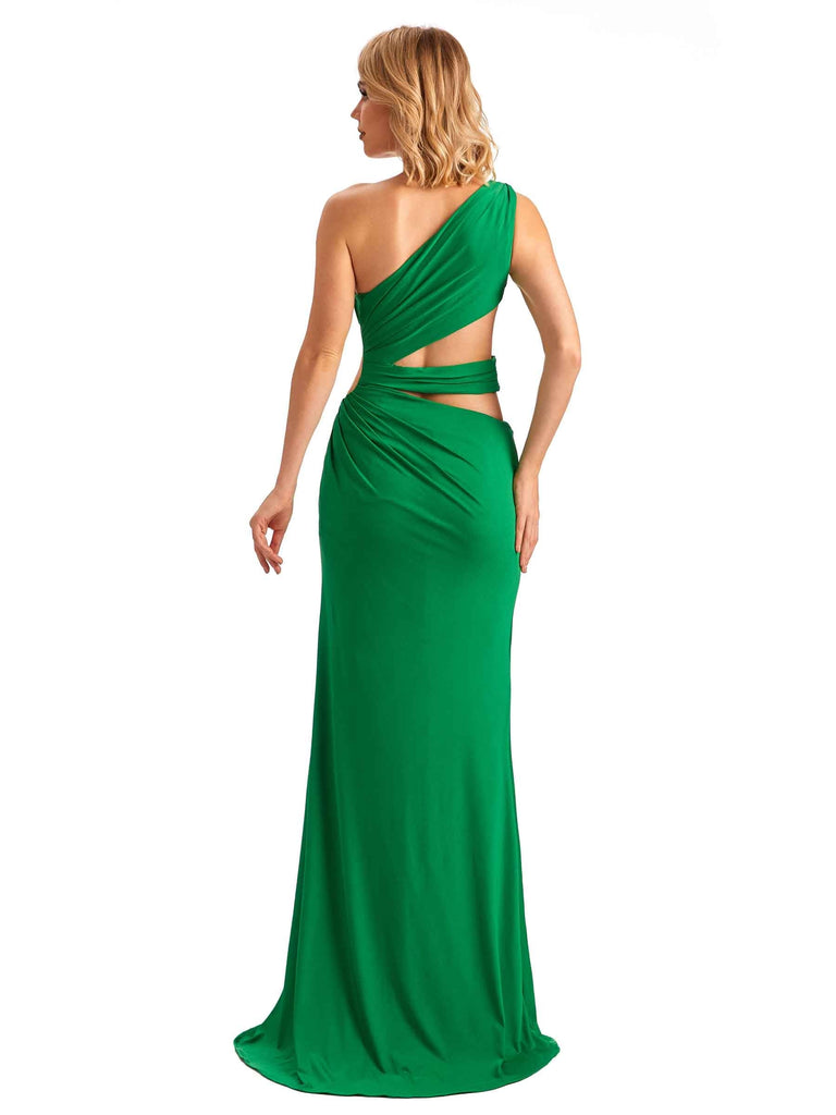 Elegant Mermaid One Shoulder Side Slit Stretchy Jersey Long Formal Bridesmaid Dresses UK