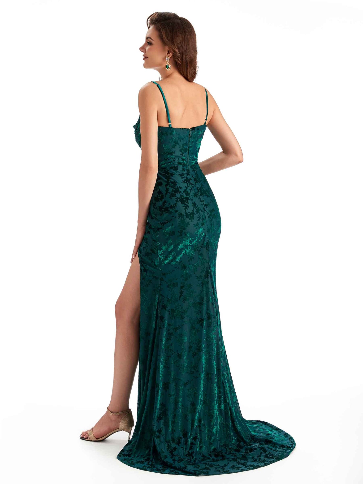 Sexy Spaghetti Straps Side Slit Mermaid Floral Velvet Long Bridesmaid Dresses UK Online