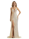 Sequin Sheath Spaghetti Straps V-neck Side slit Floor-length Long Party Prom Dresses