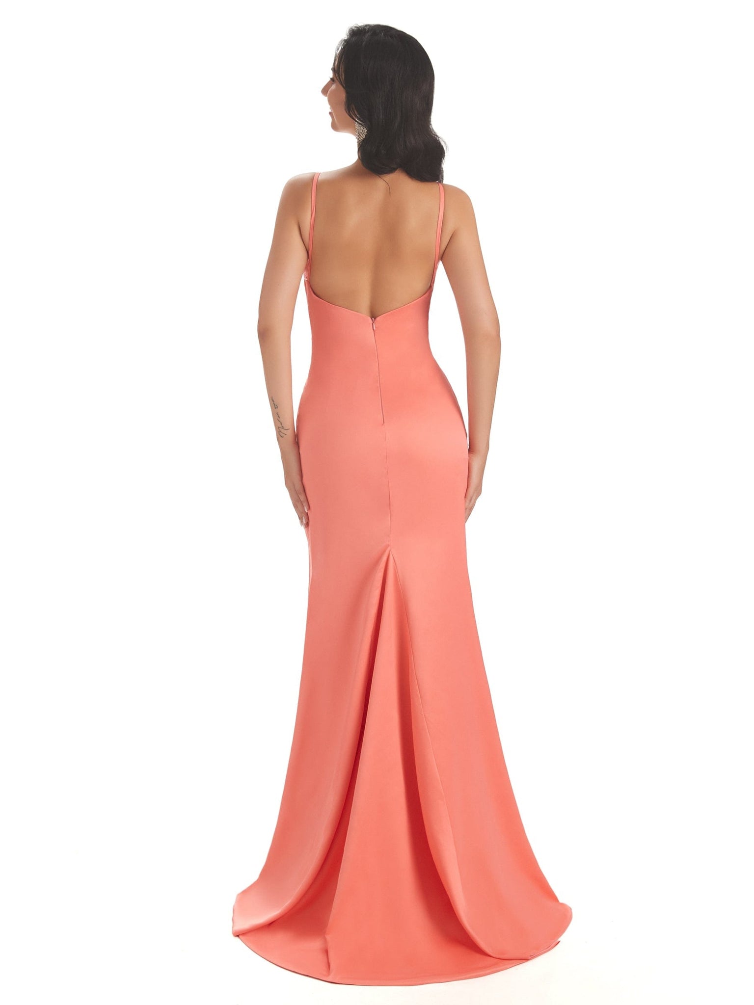 Sexy Soft Satin Side Slit Spaghetti Straps V-neck Floor-Length Mermaid Prom Dresses