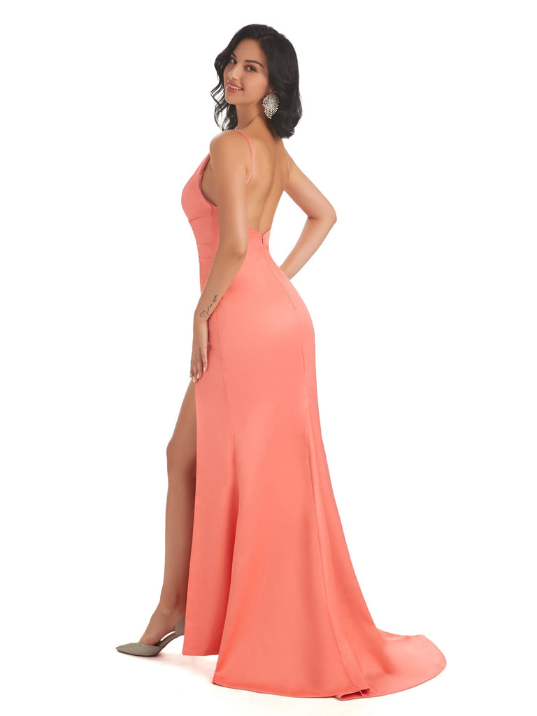 Sexy Soft Satin Side Slit Spaghetti Straps V-neck Floor-Length Mermaid Prom Dresses