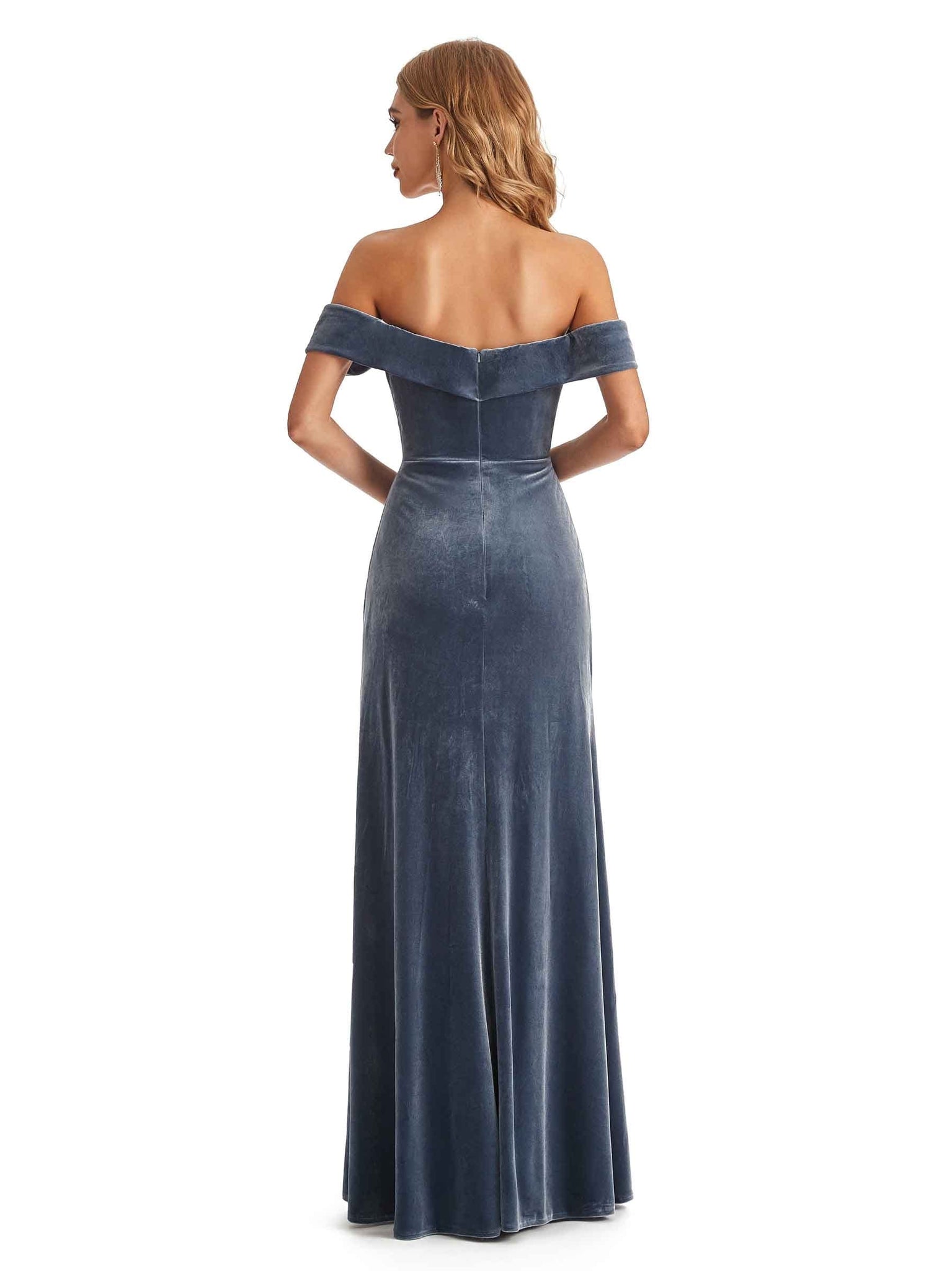 Elegant Mermaid Off the Shoulder Formal Velvet Side Slit Long Bridesmaid Dresses UK