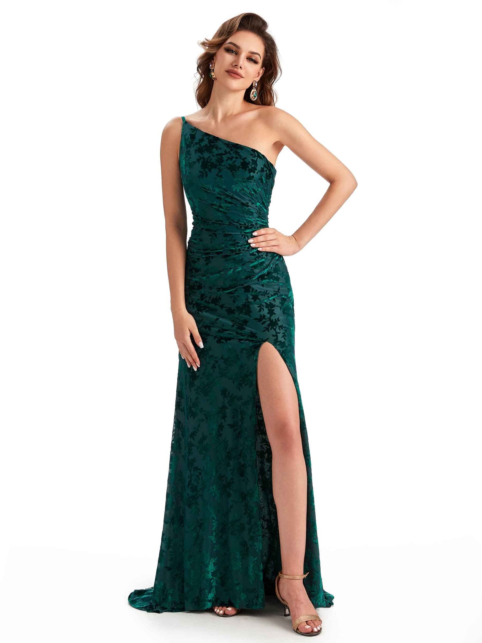 Sexy One Shoulder Side Slit Mermaid Velvet Floral Long Bridesmaid Dresses UK Online