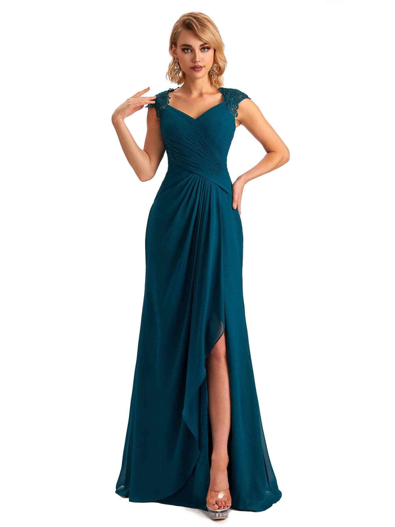 Elegant Side Slit Chiffon Lace Cap Sleeves Long Mom Dresses For Wedding UK Slit