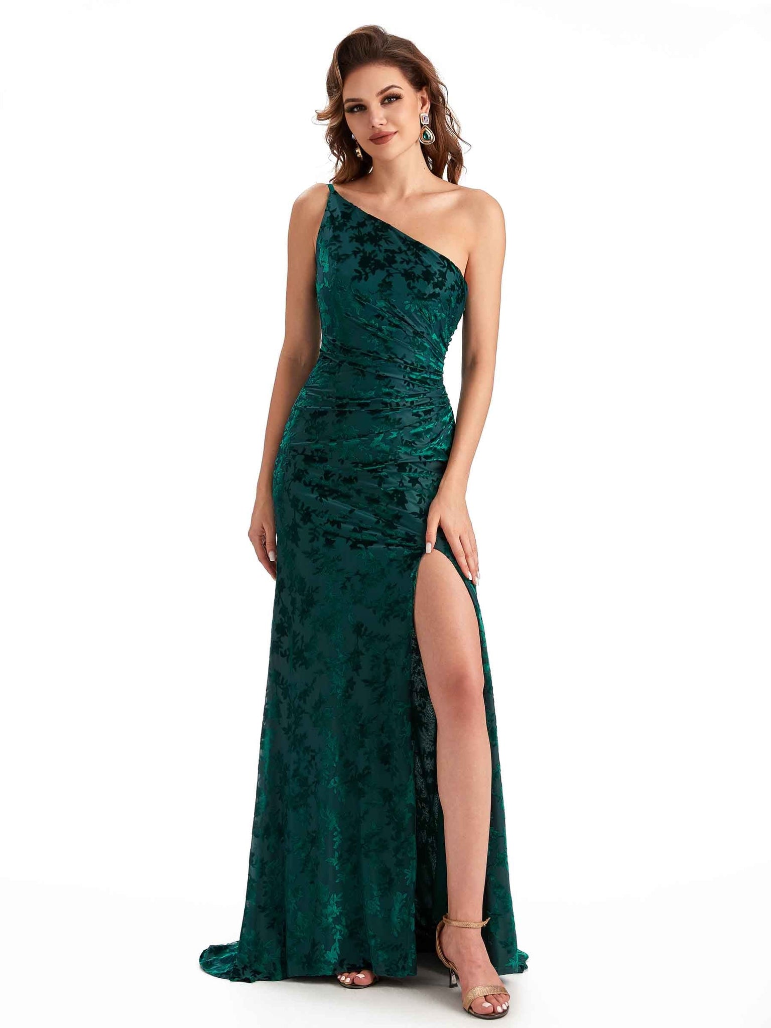 Sexy One Shoulder Side Slit Mermaid Velvet Floral Long Bridesmaid Dresses UK Online