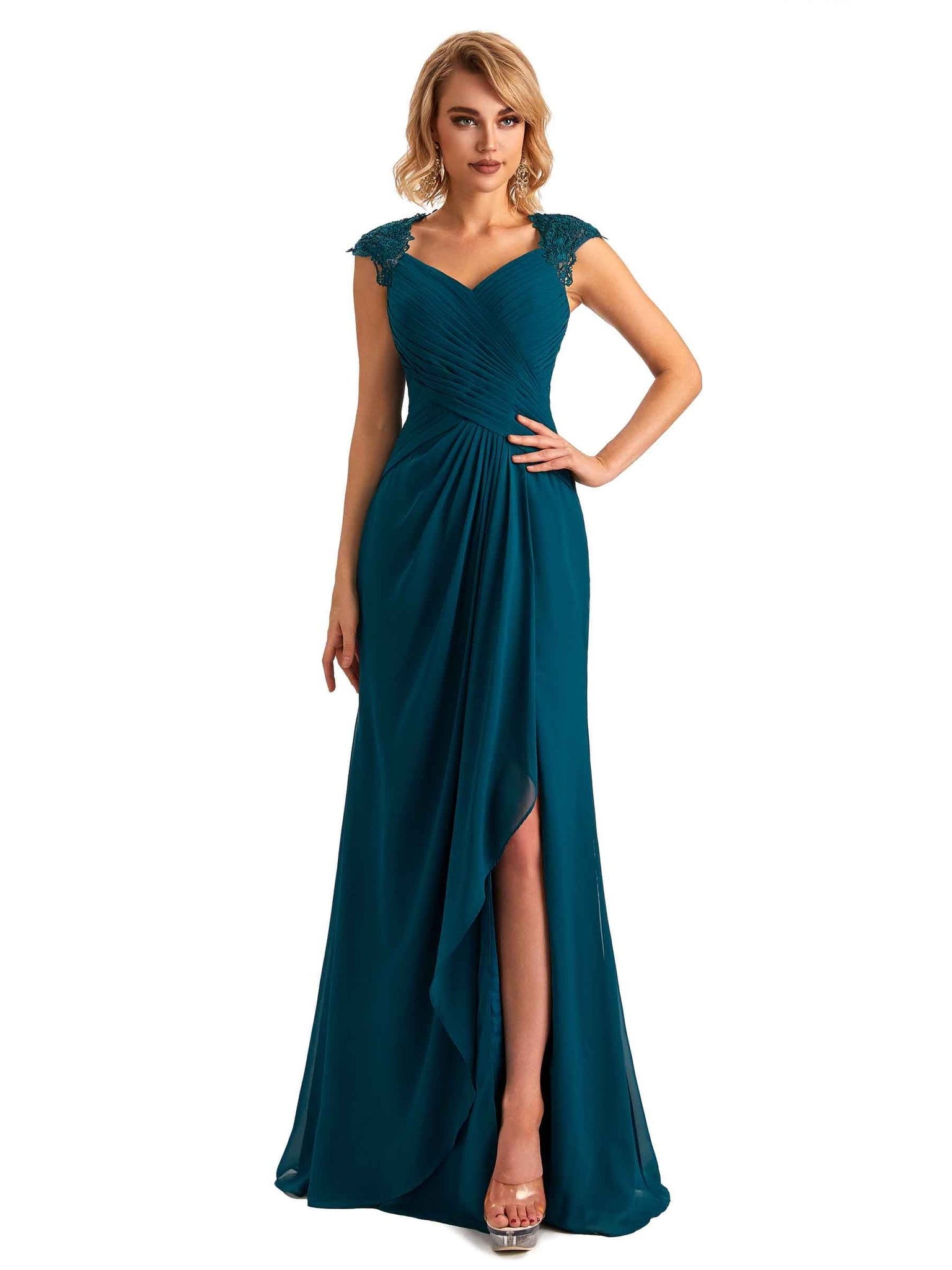 Elegant Side Slit Chiffon Lace Cap Sleeves Long Mom Dresses For Wedding UK Slit