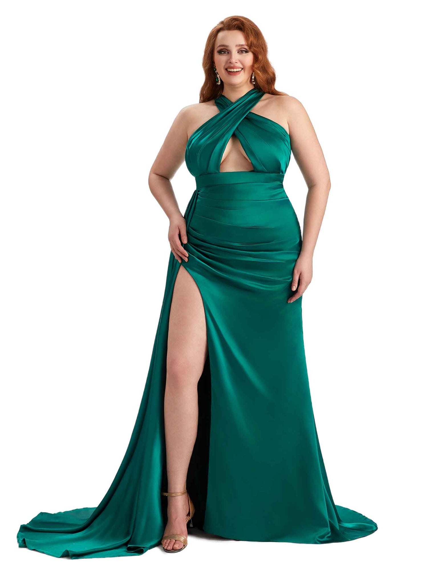 Sexy Halter Side Slit Mermaid Soft Satin Long Plus Size Wedding Party Dresses UK