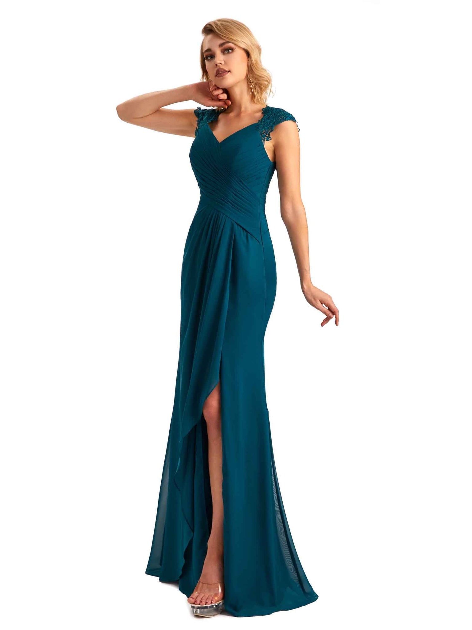Elegant Side Slit Chiffon Lace Cap Sleeves Long Mom Dresses For Wedding UK Slit