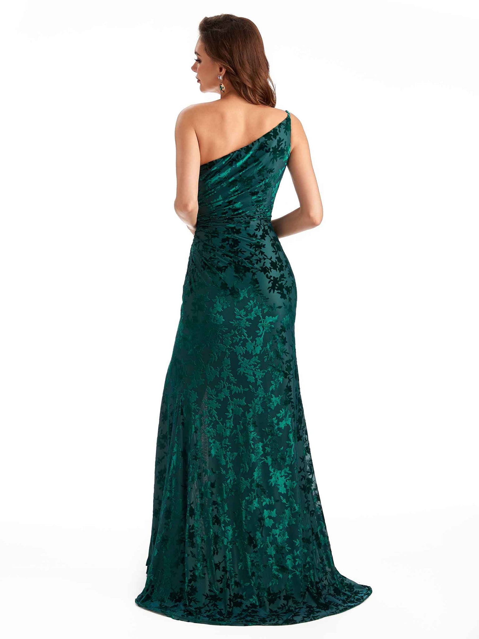Sexy One Shoulder Side Slit Mermaid Velvet Floral Long Bridesmaid Dresses UK Online