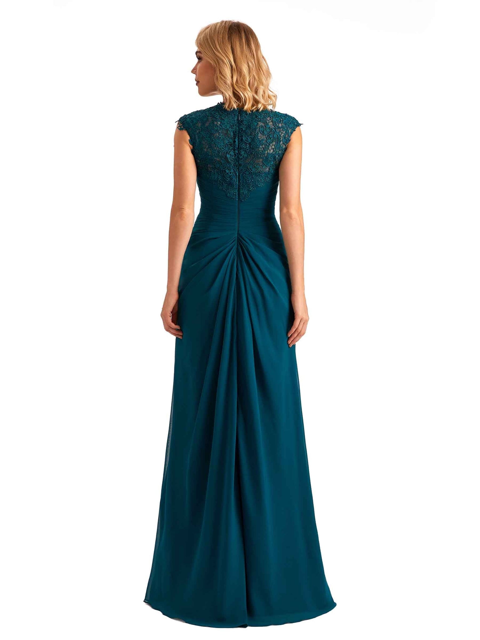 Elegant Side Slit Chiffon Lace Cap Sleeves Long Mom Dresses For Wedding UK Slit