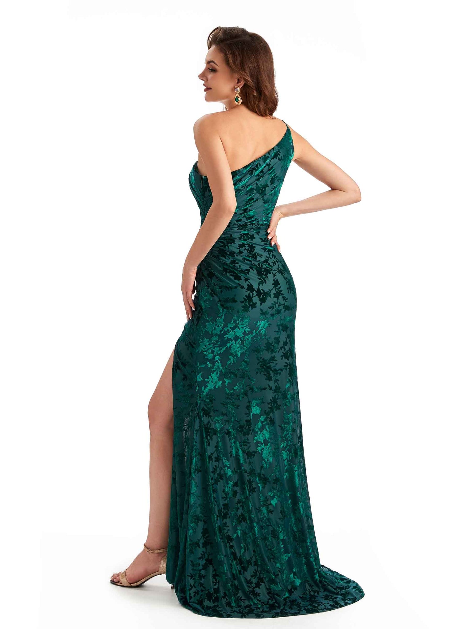Sexy One Shoulder Side Slit Mermaid Velvet Floral Long Bridesmaid Dresses UK Online
